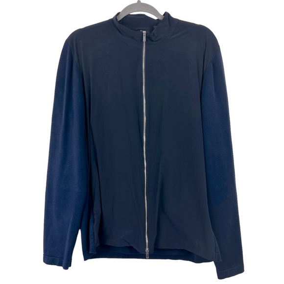 THEORY Men’s Large Bellville Navy Blue Panel Zip Up Jacket Sweater Material - Picture 2 of 16